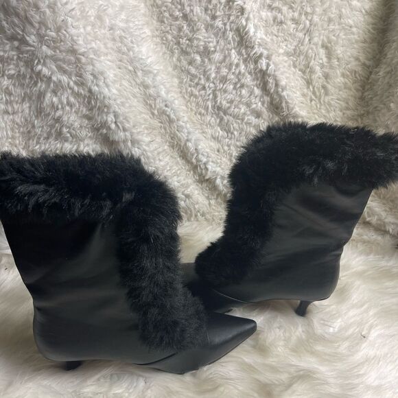 Ashro synthetic black mid calf boots  faux fur trim front zipper 3”heels SZ11W - Picture 4 of 16
